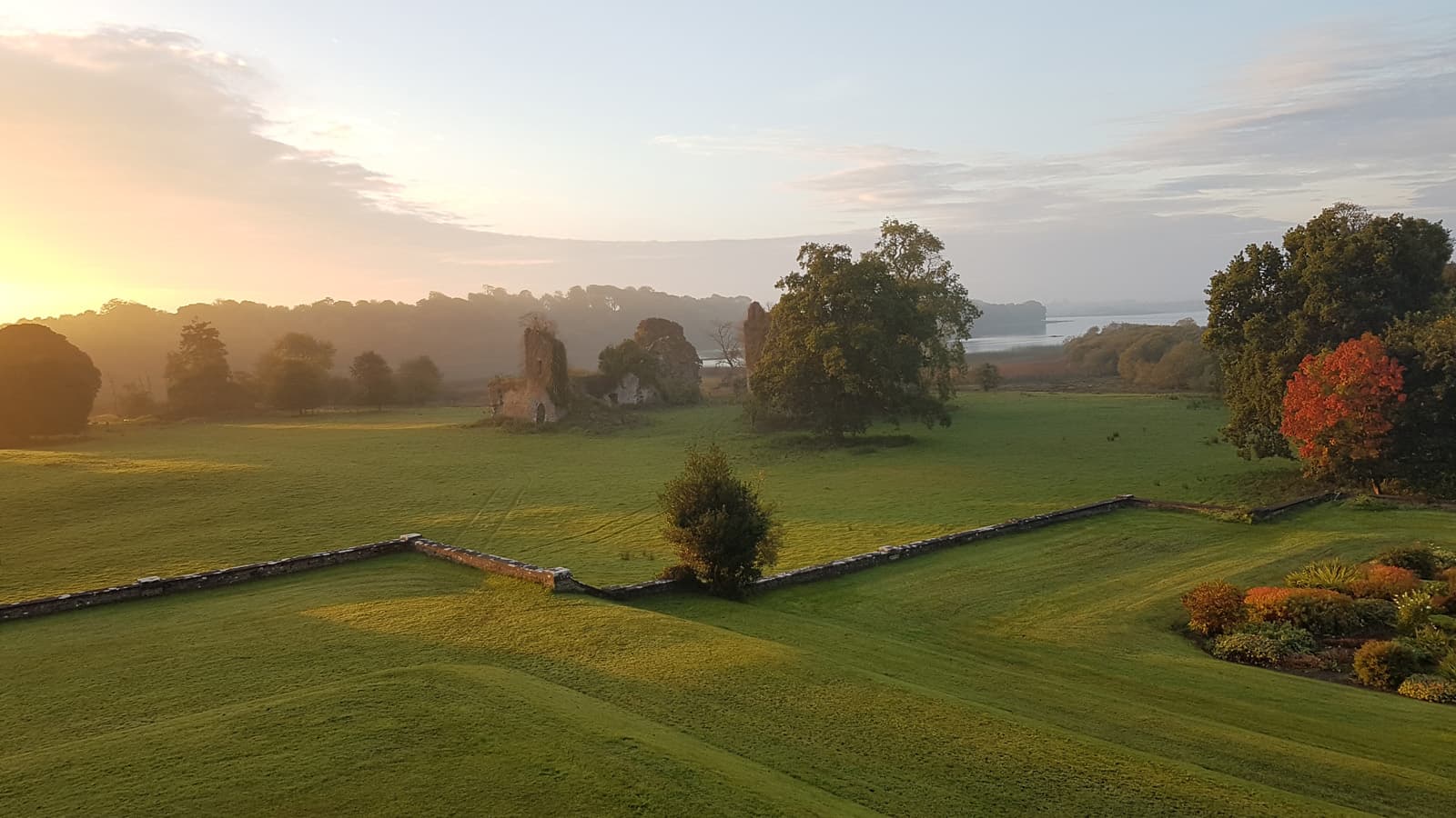 A misty morning over the Temple House estate