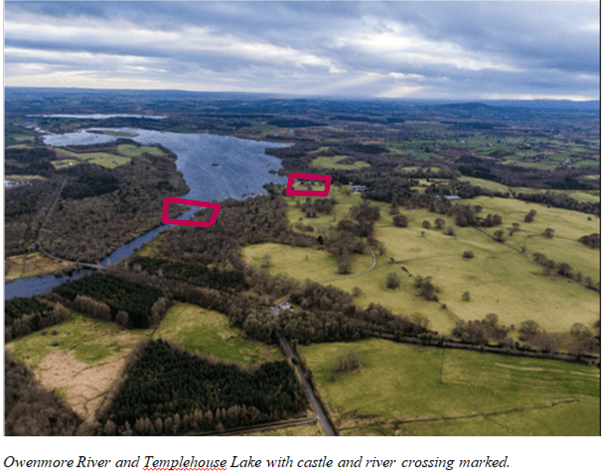 Historical map of Templehouse Lake showing the castle site and the ferry crossing