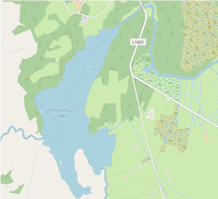 Map of Templehouse Lake with the parochial border between Kilvarnet and Emlaghfad marked as a dotted line
