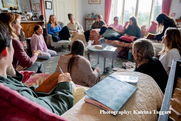 Writers group working together on a creative retreat at Temple House