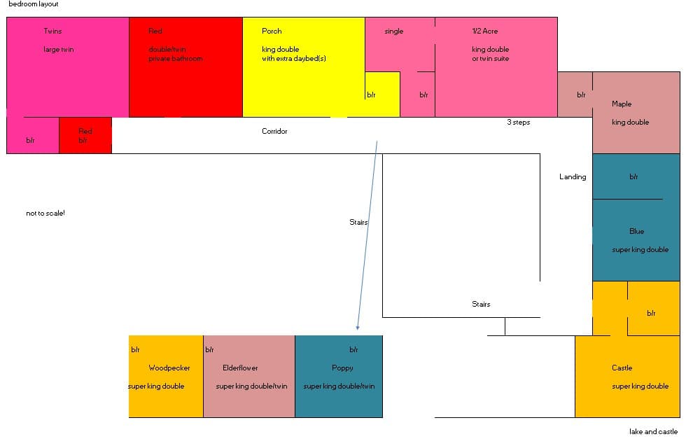 Bedroom layout plan of Temple House showing all 10 bedrooms across the East and West Wings