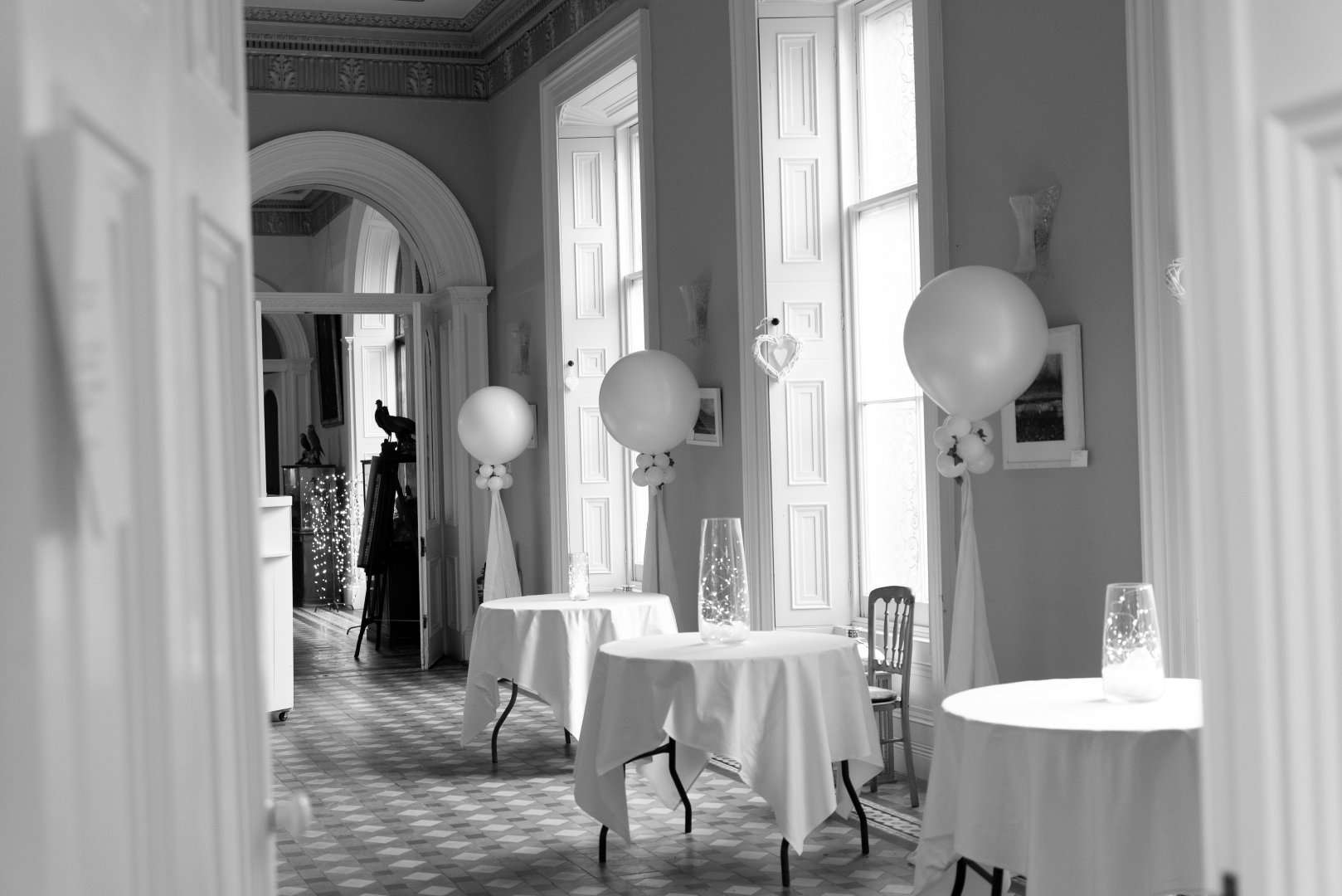 The Gallery at Temple House dressed with balloons and cocktail tables