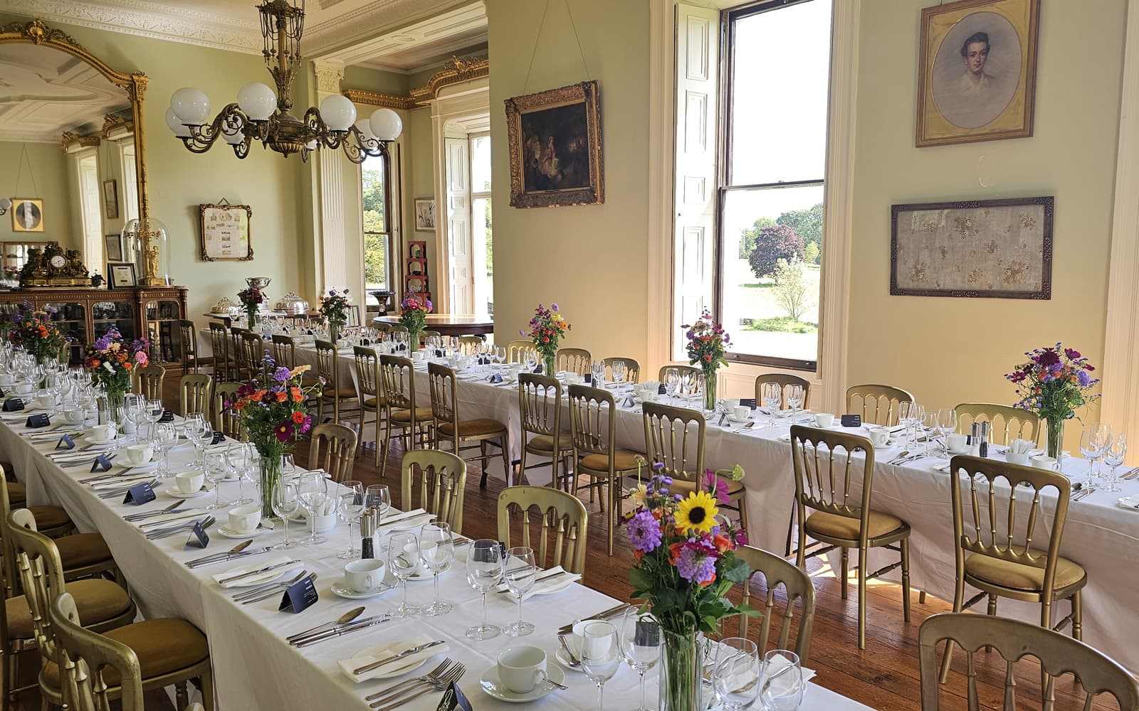 Long tables lined up for a wedding reception at Temple House